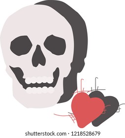 Gray skull on a white background and red heart