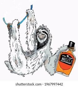 gray sloth hanging on a blue vine with a bottle of whiskey