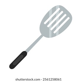 Gray slotted spatula with a black handle, ideal for flipping or turning food while cooking. Features slots for draining liquids or oils