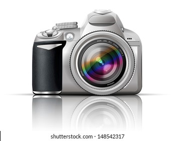 Gray Slr Camera On A White Background With The Reflection Of The