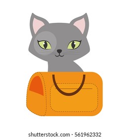 gray small cat green eyes yellow pet carrier traveling vector illustration eps 10