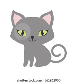 gray small cat sitting green eyes tail spiral vector illustration eps 10
