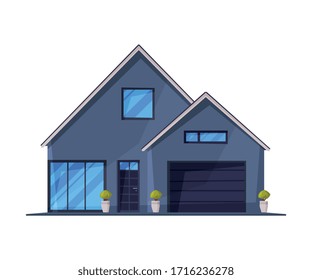 Gray Small Cottage Facade with Garage, City or Country Street Building, Residential House Real Estate Flat Vector Illustration