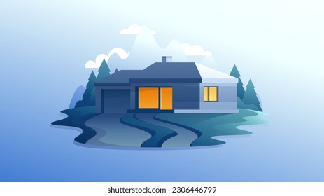 Gray small residential building with a garage and luminous windows in the evening isolated real estate logo.