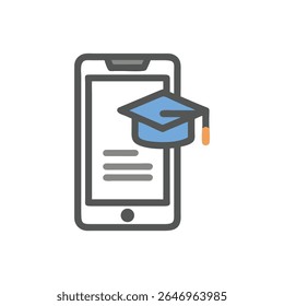 Un smartphone gris muestra el contenido y una gorra de graduación azul claro. Diseño minimalista y plano para el aprendizaje en línea, la educación o la tecnología.