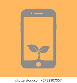 Un icono gris de un smartphone con una planta que brota en su pantalla, que simboliza el crecimiento y la tecnología, sobre un fondo naranja vibrante.