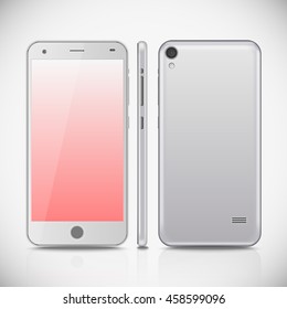 Gray smartphone mockup with blank screen. Mobile phone isolated on white background. Realistic vector illustration for web design and application development.