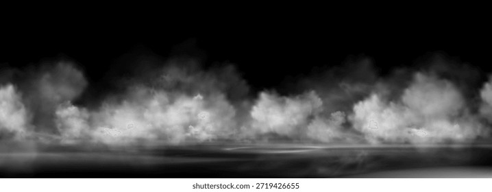Nuvens cinzentas de fumaça na superfície de água preta. Ilustração realista de vetor de nevoeiro transparente espesso, ar empoeirado sujo, vapor escuro flutuando à noite, design assustador atmosfera de Halloween, efeito de névoa de horror