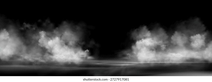 Gray smoke clouds on black water surface. Vector realistic illustration of thick transparent fog, dirty dusty air, dark vapor floating at night, spooky Halloween atmosphere design, horror haze effect