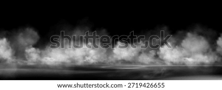 Gray smoke clouds on black water surface. Vector realistic illustration of thick transparent fog, dirty dusty air, dark vapor floating at night, spooky Halloween atmosphere design, horror haze effect