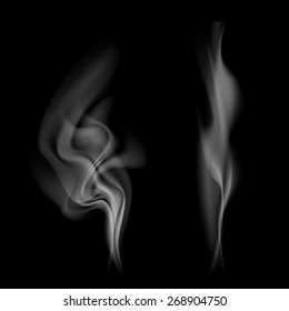 Gray smoke isolated on black background. Vector image.