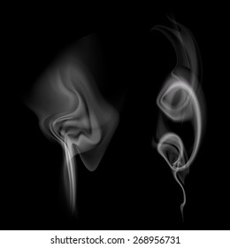 Gray smoke isolated on black background. Vector image.