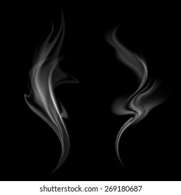 Gray smoke isolated on black background. Vector image.