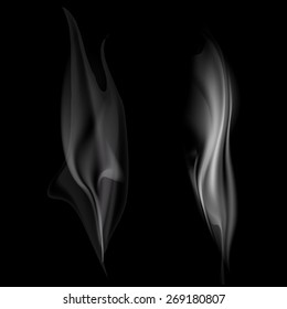 Gray smoke isolated on black background. Vector image.