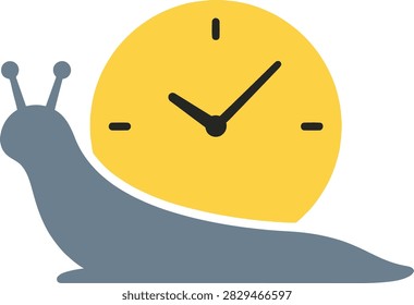 A gray snail moves slowly in front of a large yellow clock face with black hands, symbolizing slowness and time, concept of waiting or procrastination