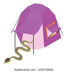 Gray snake icon isometric vector. Snake near bright purple camping tent icon. Camping, ecotourism, summer rest, recreation, journey