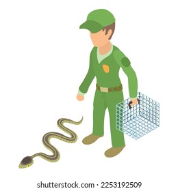Gray snake icon isometric vector. Man in green uniform with cage near snake icon. Reptile capture, herpetology