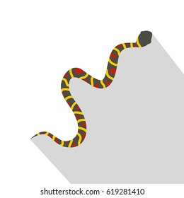 Gray snake with yellow stripes and red spots icon. Flat illustration of gray snake with yellow stripes and red spots vector icon for web