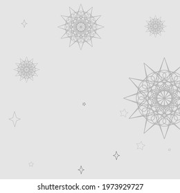 Gray Snow Christmas New Year Cozy Background. White Chaotic Winter Snowflake Holiday Composition. Cold Magic Mystery Silver Pastel Ornament. Mandala Stars Monochrome Soft Grey Sky Design Pic.