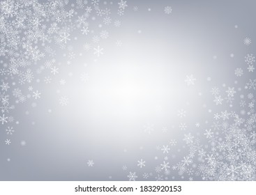 Gray Snow Vector Gray Background. Light Snowfall Card. Silver Fantasy Design. Xmas Snowflake Wallpaper.