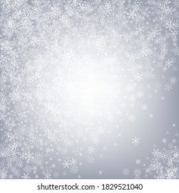 Gray Snow Vector Gray Background. magic Snowfall Card. Silver New Banner. Xmas Snowflake Texture.