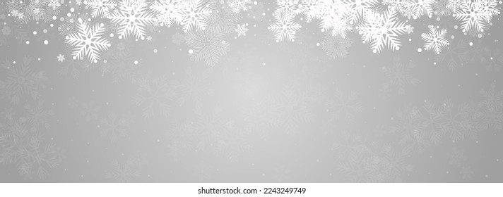 Gray Snow Vector Panoramic Grey Background. Abstract Snowflake Card. Golg Falling Design. Xmas Snowfall Pattern.