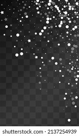 Fondo transparente del vector de nieve gris. Tarjeta de copo de nieve cayendo. Resumen Blanco Transparente. Fondo de escritorio de invierno de Confetti.