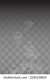 Gray Snow Vector Transparent Background. Light Snowflake Pattern. Silver Xmas Banner. New Snowfall Card.