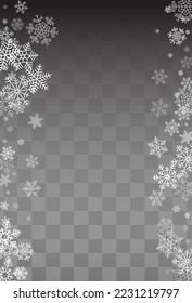 Gray Snow Vector Transparent Background. New Silver Snowflake Banner. Snowfall magic Card.