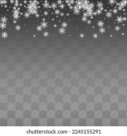 Gray Snow Vector Transparent Background. Light White Snowflake Pattern. Snowfall New Holiday.