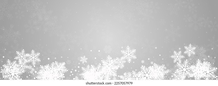 Gray Snowfall Vector Panoramic Grey Background. magic Snowflake Design. White Holiday Texture. New Snow Illustration.