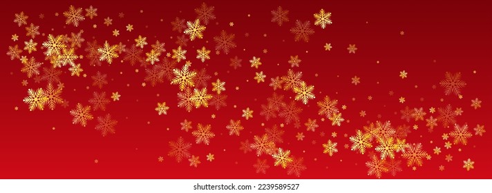 Gray Snowfall Vector Panoramic Red Background. Light Snow Illustration. Golg Holiday Pattern. magic Snowflake Design.