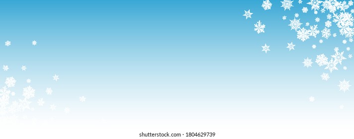 Gray Snowflake Panoramic Vector Blue Background. Abstract Snowfall Wallpaper. White Christmas Backdrop. Holiday Snow Illustration.