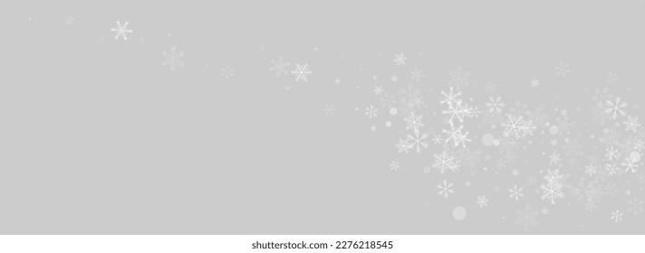 Gray Snowflake Vector Panoramic Grey Background. magic Snow Pattern. Golg Falling Card. Christmas Snowfall Holiday.