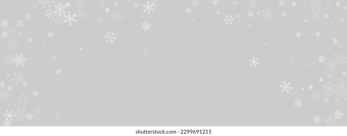 Gray Snowflake Vector Panoramic Grey Background. Holiday Snow Transparent. Golg magic Texture. Light Snowfall Banner.