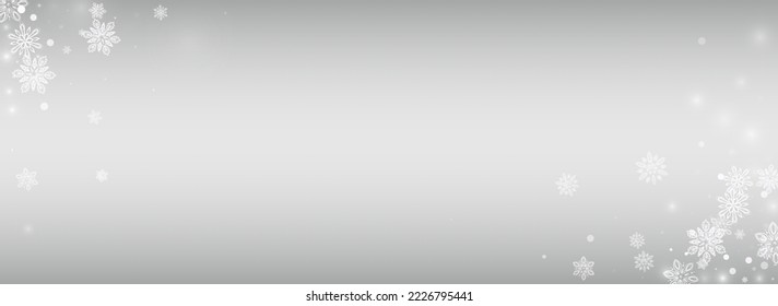 Gray Snowflake Vector Silver Panoramic Background. New Snow Card. Light Xmas Design. Sky Snowfall Banner.