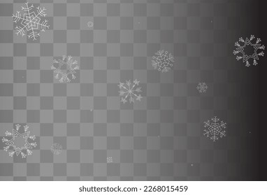 Gray Snowflake Vector Transparent Background. Falling Snow Wallpaper. Silver Light Card. Xmas Snowfall Design.