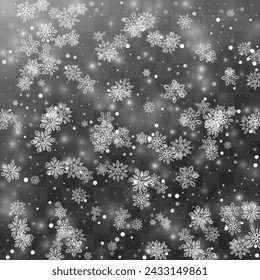 Gray Snowflake Vector Transparent Background. New Snow Backdrop. Winter Falling Wallpaper. Xmas Snowfall Design.