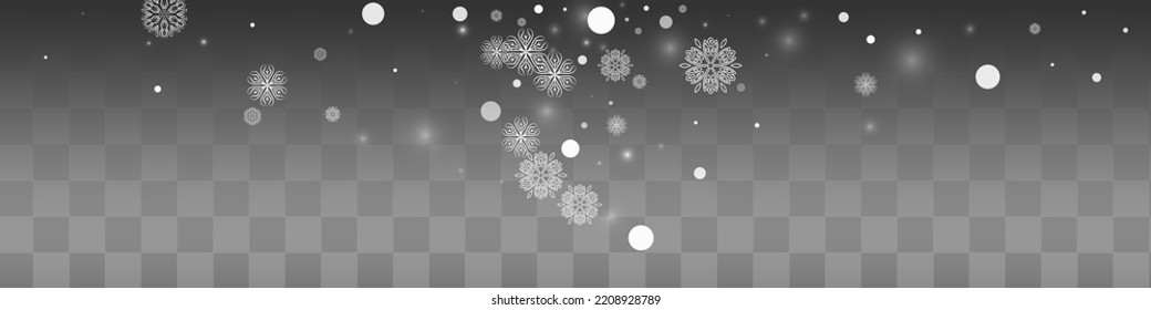 Gray Snowflake Vector Transparent Panoramic Background. magic Snow Wallpaper. White Sky Design. Christmas Snowfall Texture.