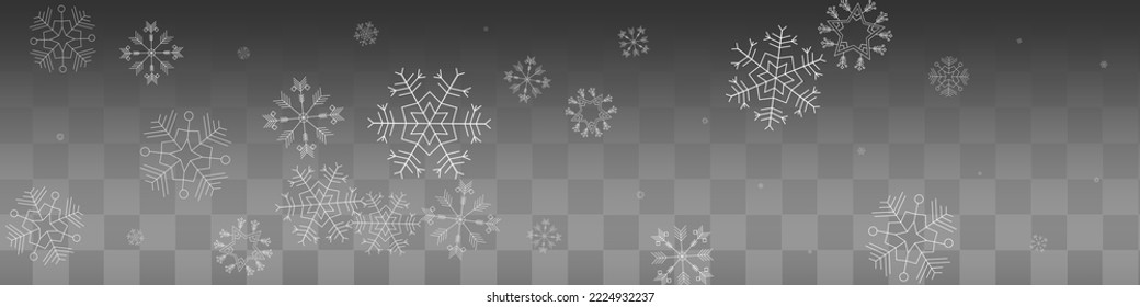 Gray Snowflake Vector Transparent Panoramic Background. Fantasy Snowfall Banner. White Light Wallpaper. Holiday Snow Card.