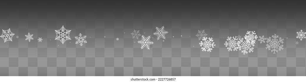 Gray Snowflake Vector Transparent Panoramic Background. Fantasy White Snowfall Holiday. Snow Winter Design.