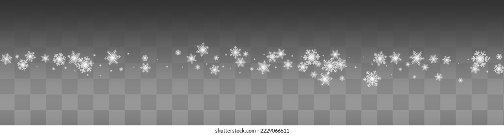 Gray Snowflake Vector Transparent Panoramic Background. Xmas White Snow Holiday. Snowfall Holiday Backdrop.