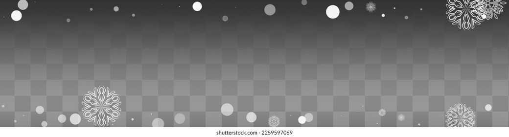 Gray Snowflake Vector Transparent Panoramic Background. Holiday Snowfall Illustration. White magic Backdrop. Winter Snow Holiday.