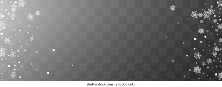 Gray Snowflake Vector Transparent Panoramic Background. Sky Blizzard Card. Light Falling Pattern. Fantasy Snow Wallpaper.
