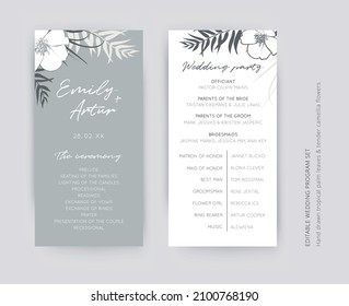 Gray And Snow-white Elegant Vector Wedding Ceremony And Party Program Card Set. Editable Tropical Palm Leaves, Foliage Decorative Border, Frame. Modern, Minimalist Design. Cute, Botanical Illustration