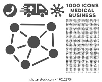 Gray Social Graph icon with 1000 medical business vector pictographs. Collection style is flat symbols, gray color, white background.