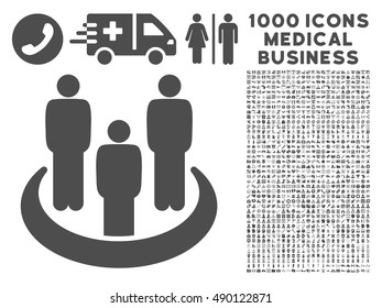 Gray Social Group icon with 1000 medical business vector pictographs. Collection style is flat symbols, gray color, white background.