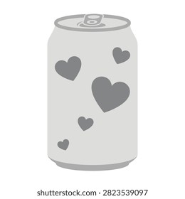 A gray soda can with hearts on a white background, symbolizing love and affection for a favorite drink