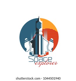 Gray spaceship explorer with red planet. Flat style vector illustration