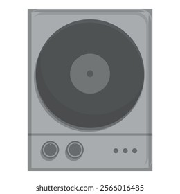 Gray speaker playing vinyl record with buttons and knobs, isolated on white background